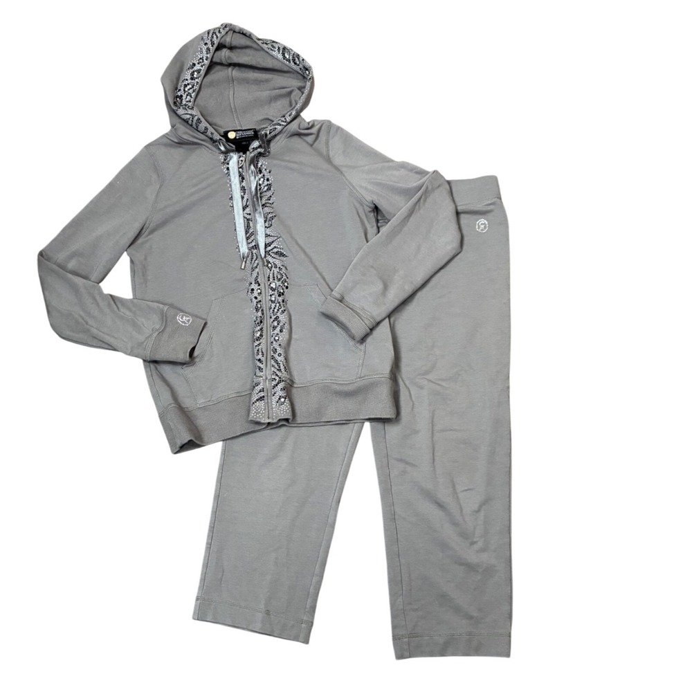Christine Alexander Gray Rhinestone Embellished Hoodie & Pants Tracksuit Set L